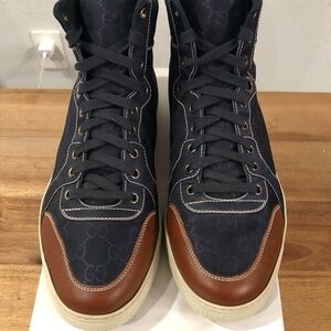 Gucci Men's Navy Blue and Brown High-Top Sneakers